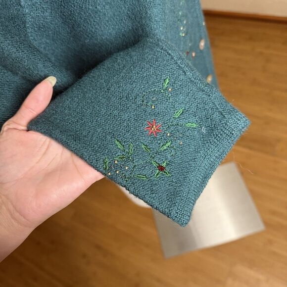 VTG Karen Scott Green Wool Embroidered Button Front Cardigan Sweater Womens M - Picture 6 of 10